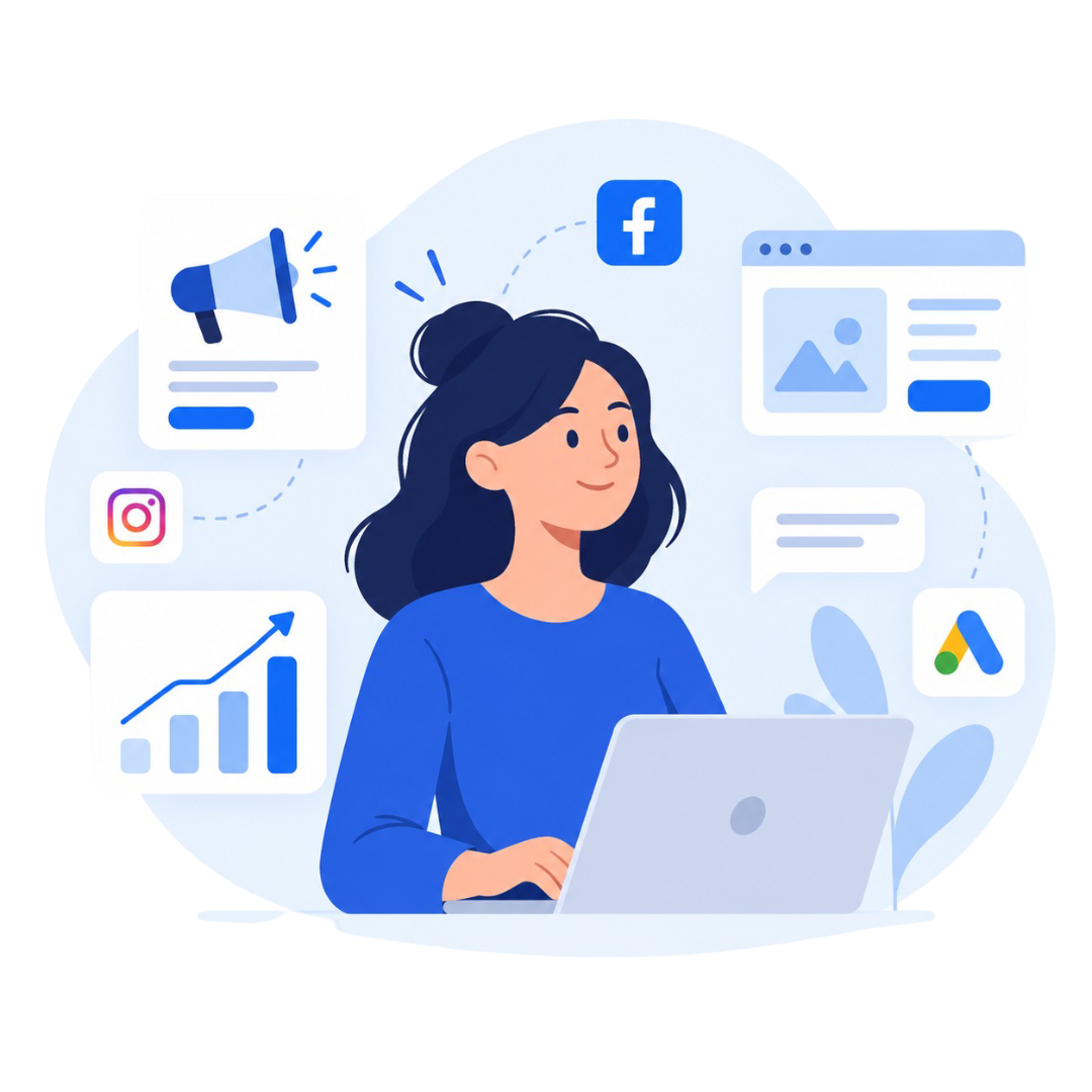 Ilustração de especialista em marketing digital gerenciando tráfego pago e redes sociais em um notebook